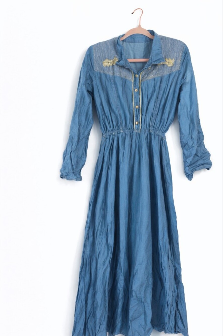 Blue Long Sleeve Gathered Waist Maxi Dress